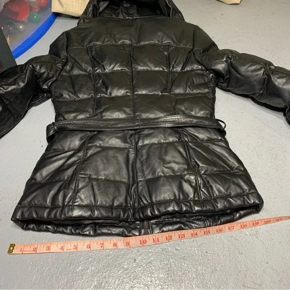 Danier Black Leather Puffer Jacket Sz XXS High Neck Bomber Quilted Winter Coat - Picture 9 of 16